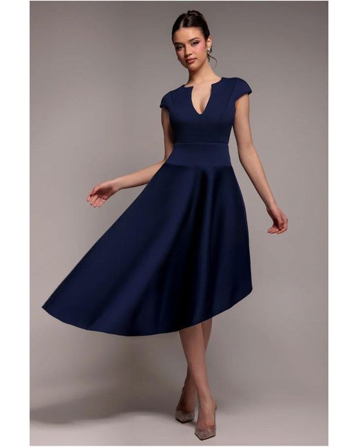 Goddiva Blue Cap Sleeve Skater High Low Midi Dress