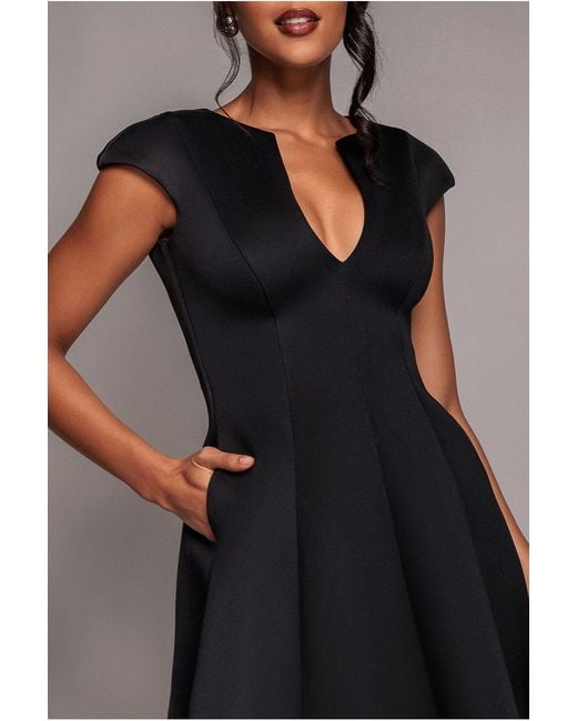 Goddiva Black Cap Sleeve Plunging V-Neckline A-Line Midi Dress