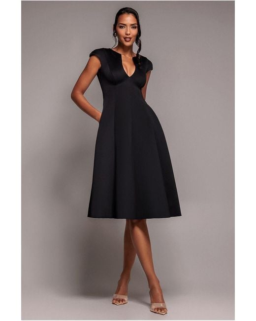 Goddiva Black Cap Sleeve Plunging V-Neckline A-Line Midi Dress