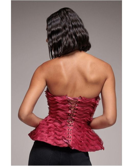 Goddiva Peplum 3D Textured Boob Tube Lace Up Corset