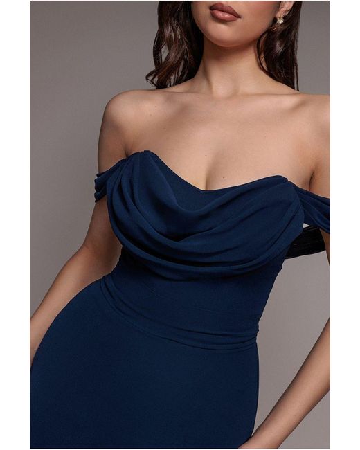 Goddiva Blue Chiffon Cowl Off Shoulder Wing Tiered Midi Dress