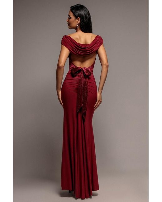 Goddiva Gray Open Back Cowl Neck Gathered Maxi Dress With Velvet Tie Back