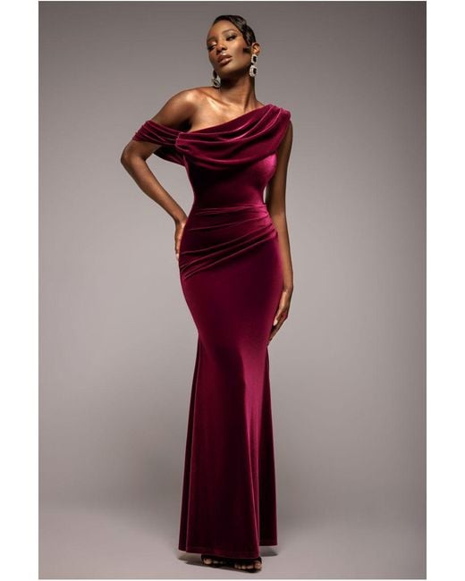Goddiva Red Cowl One Shoulder Velvet Maxi Dress