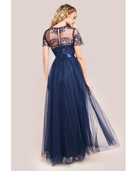 Goddiva Blue Embroidered Mesh Maxi Dress