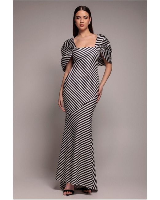 Goddiva Gray Stripe Off Shoulder Bow Back Satin Bow Maxi Dress