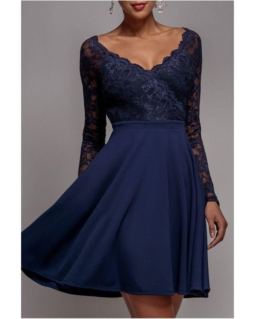 Goddiva Blue Off The Shoulder Lace Skater Mini Dress