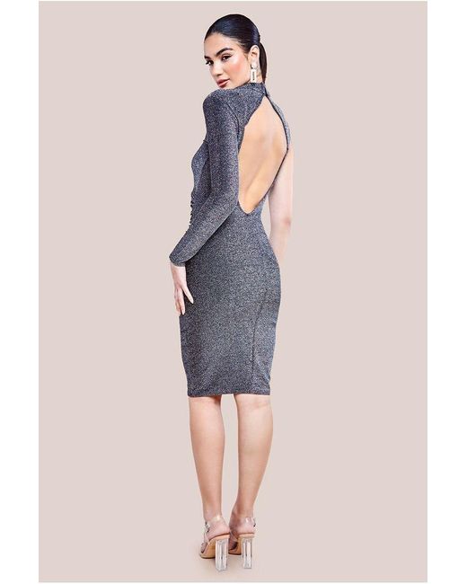 Goddiva Blue Open Back One Sleeve Lurex Midi