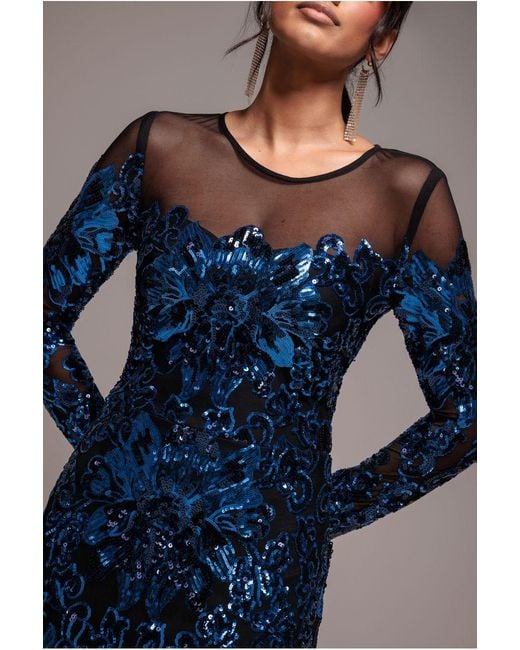 Goddiva Blue Floral Sequin Mesh Maxi