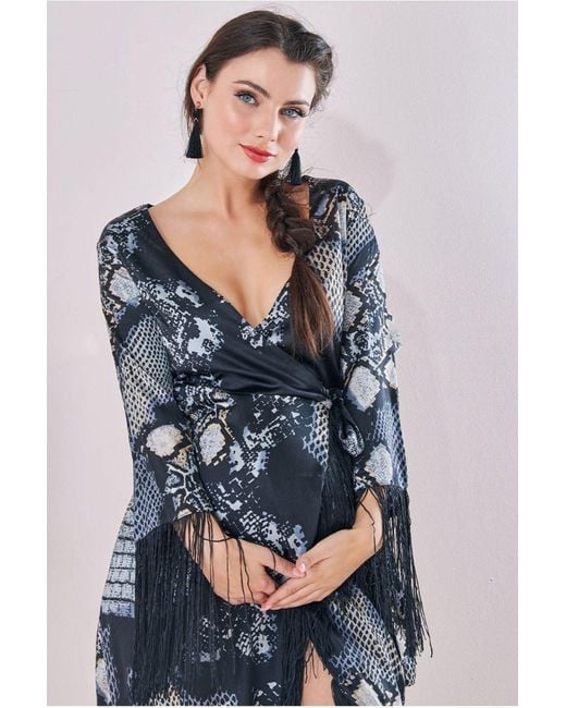 Goddiva Black Maternity Tassel Foil Print Wrap Midi