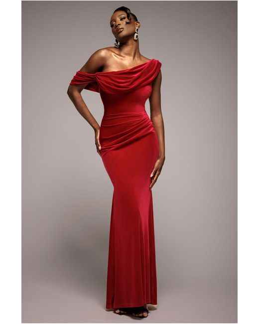 Goddiva Red Cowl One Shoulder Velvet Maxi Dress