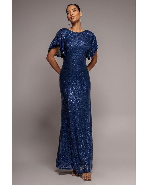 Goddiva Blue Sequin Flutter Sleeve Maxi