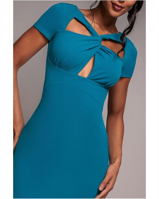 Goddiva Blue Scuba Crepe Twist Cutout Maxi Dress