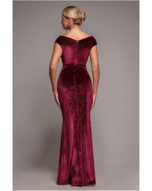 Goddiva Red Shimmer Velvet Bardot Maxi Dress