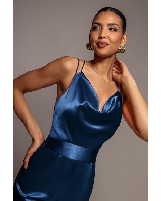 Goddiva Blue Satin Cowl Neck Romper