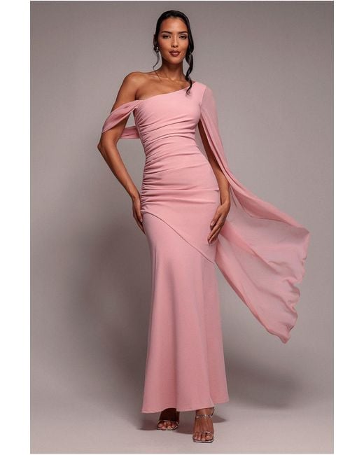 Goddiva Pink One Shoulder Cape Scuba & Chiffon Maxi Dress