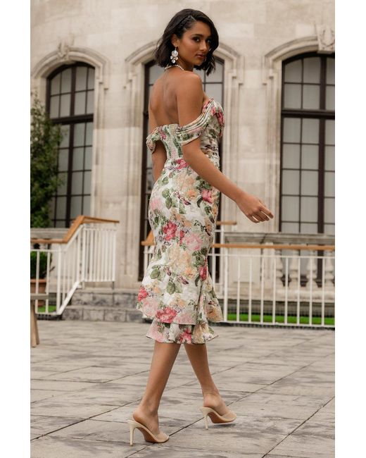 Goddiva Black Cowl Neck Floral Print Jacquard Chiffon Tiered Midi Dress