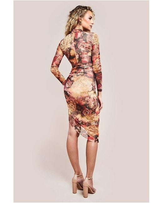 Goddiva Natural Asymmetric Gathered Skirt Midi Dress