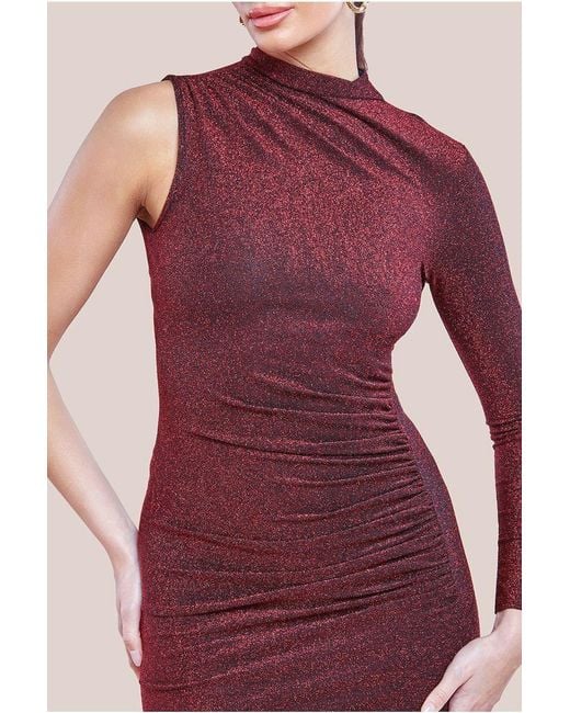 Goddiva Red Open Lurex Back One Sleeve Maxi Dress