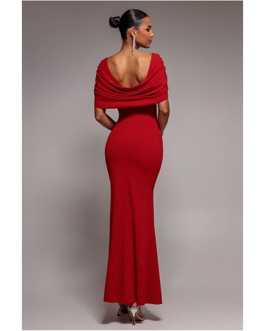 Goddiva Red V Neck Cowl Back Pleated Sleeve Scuba Maxi Dress