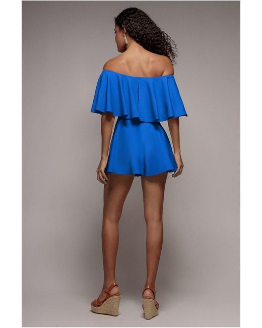 Goddiva Blue Off The Shoulder Frill Neck Skater Romper