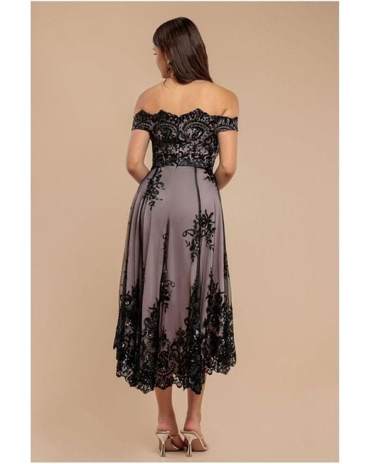 Goddiva Natural Bardot Sequin & Lace High Low Midi