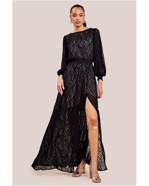 Goddiva Black Chiffon Geo-Wave Front Split Maxi Dress