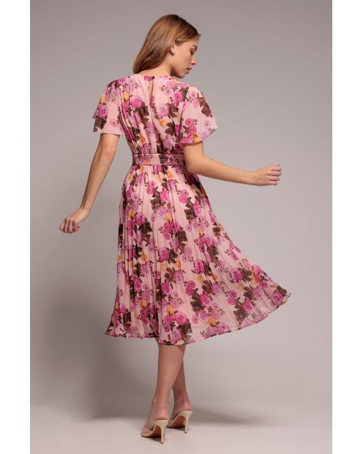 Goddiva Pink Flutter Sleeve Pleated Skirt Floral Midi Dress