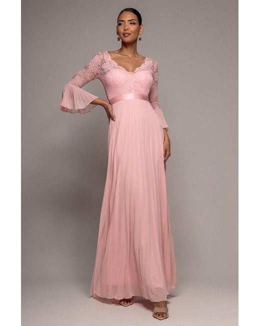 Goddiva Pink Scalloped Lace Bodice Pleated Chiffon A Line Maxi Dress