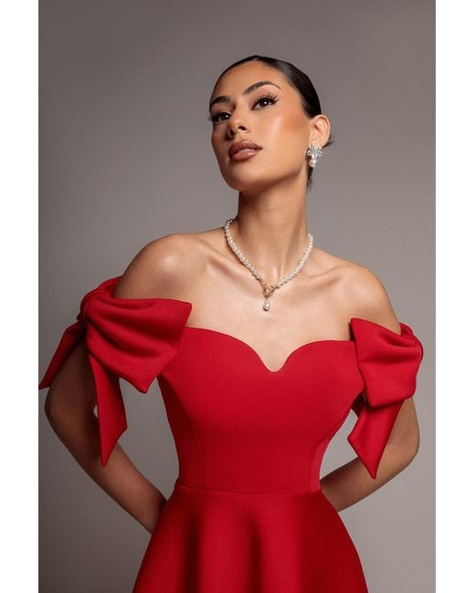 Goddiva Red Bardot Plunge Neck Bow Sleeve A Line Midi Dress