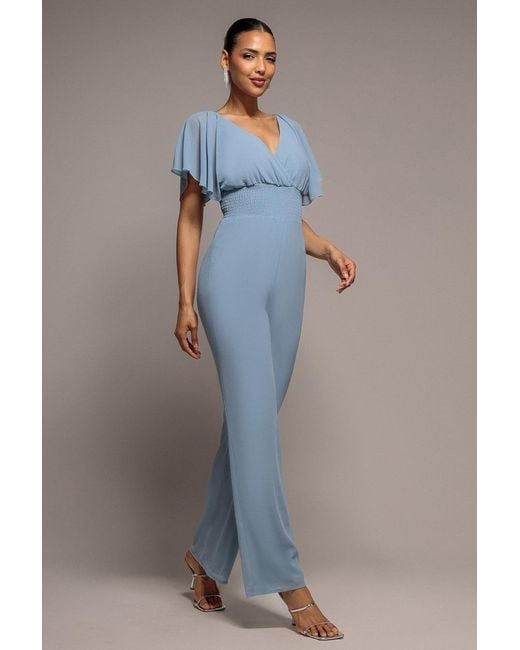 Goddiva Blue Chiffon Jumpsuit With Flutter Sleeves