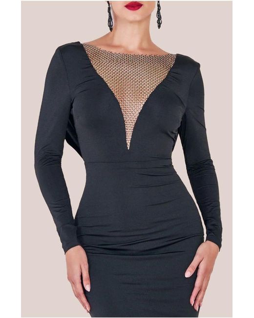 Goddiva Black Diamante Fishnet Cowl Back Midi
