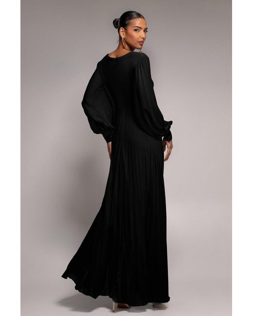 Goddiva Black Fully Pleated Chiffon Maxi Dress