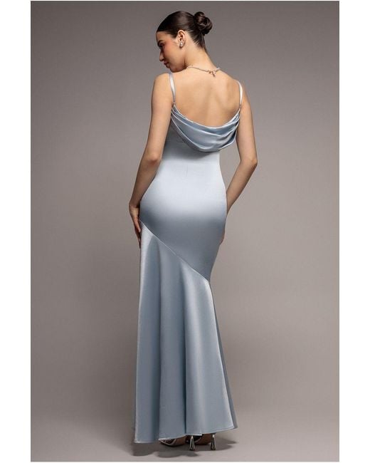 Goddiva Blue Cowl Back Satin Maxi Dress