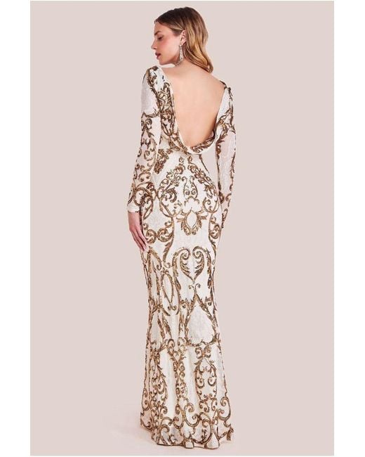 Goddiva Natural Sequin Cowl Back Maxi