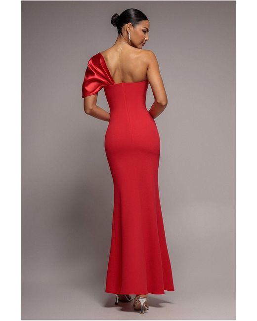 Goddiva Red Off The Shoulder Satin Bow Neck Maxi Dress