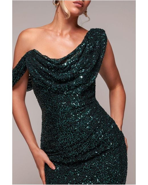 Goddiva Blue Sequin Cowl One Shoulder Midi Dress