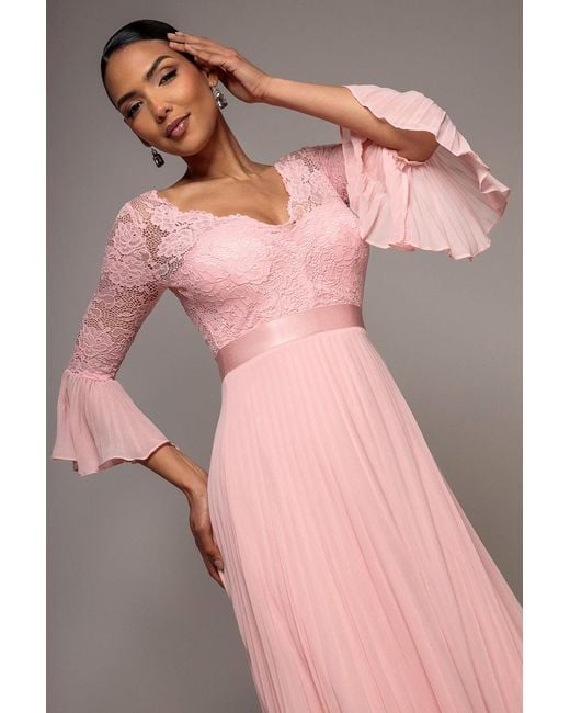 Goddiva Pink Scalloped Lace Bodice Pleated Chiffon A Line Maxi Dress
