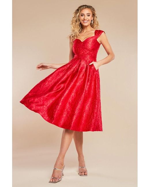 Goddiva Red Crushed Satin Sleeveless A Line Midi Dress