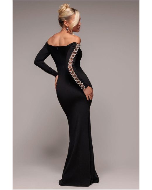 Goddiva Blue Embellished Diamante Sleeve Bardot Maxi Dress