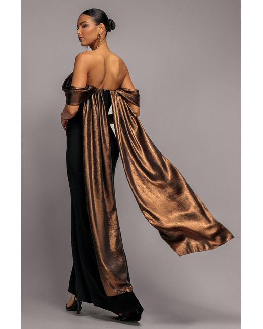 Goddiva Gray Off The Shoulder Mirror Foil Angel Wing Cape Maxi Dress