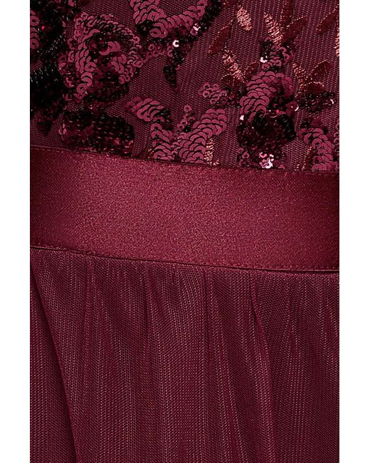 Goddiva Red Scallop Bardot Ruffle Mesh Maxi