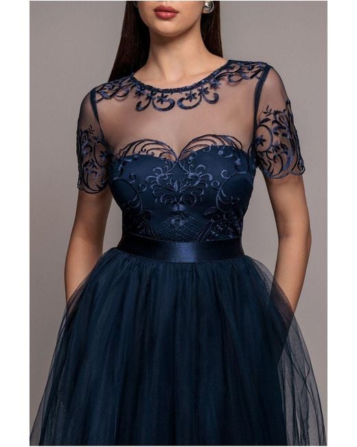 Goddiva Blue Embroidered Mesh Maxi Dress