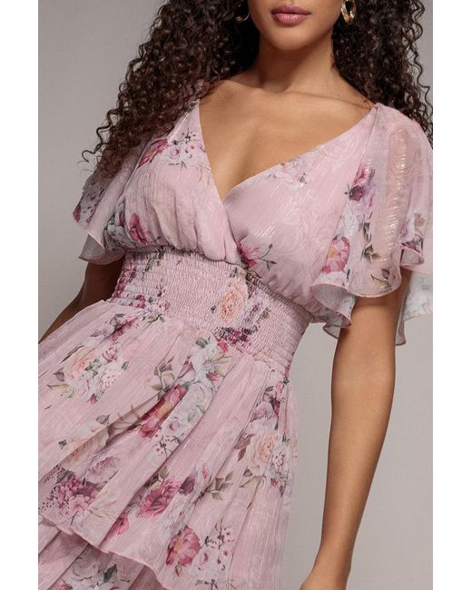 Goddiva Pink Layered Floral Midi With Flutter Sleeves