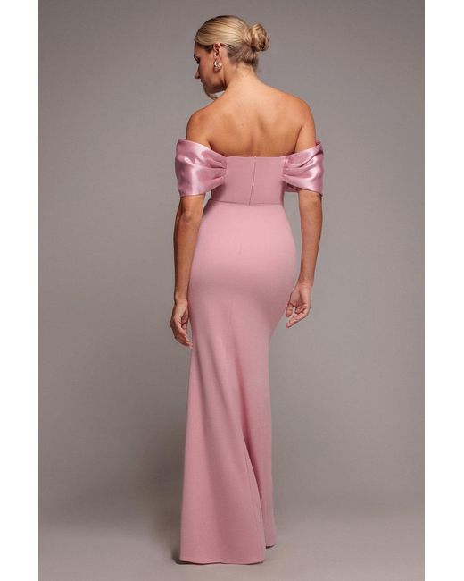 Goddiva Pink Twist Knot Satin & Scuba Bardot Maxi Dress