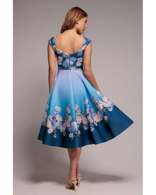 Goddiva Green Floral Printed Scuba Foam Skater Dress