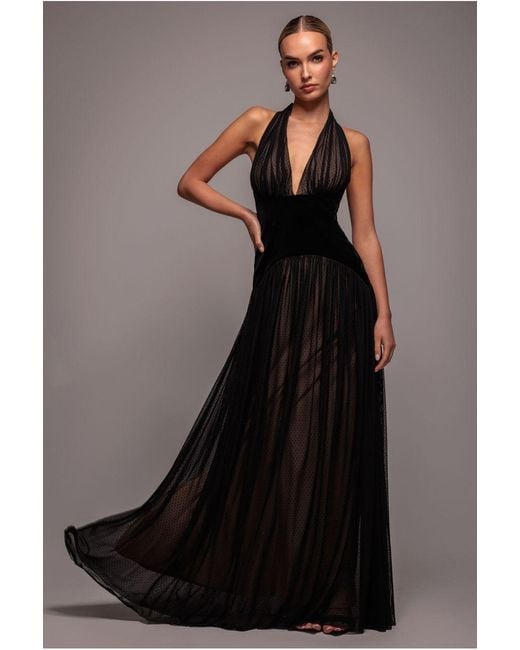 Goddiva Black Velvet And Dobby Mesh A Line Halter Maxi Dress