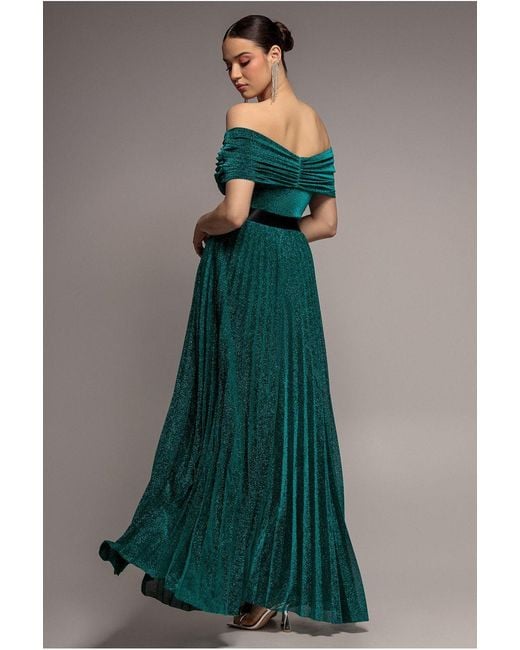 Goddiva Green Bardot Pleated Skirt Maxi