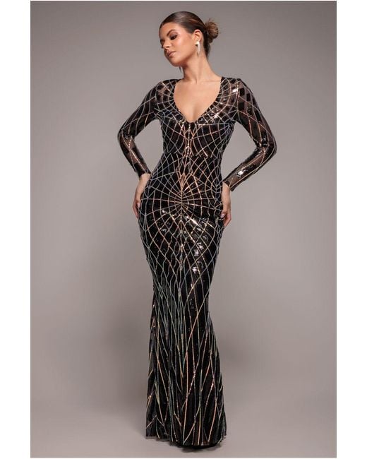 Goddiva Black Geo Sequin Long Sleeve Maxi Dress