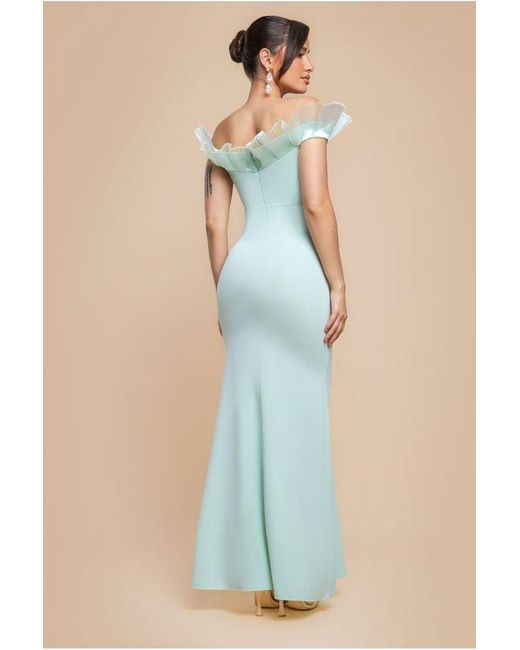 Goddiva Blue Fan Pleated Bardot Scuba Crepe Maxi Dress