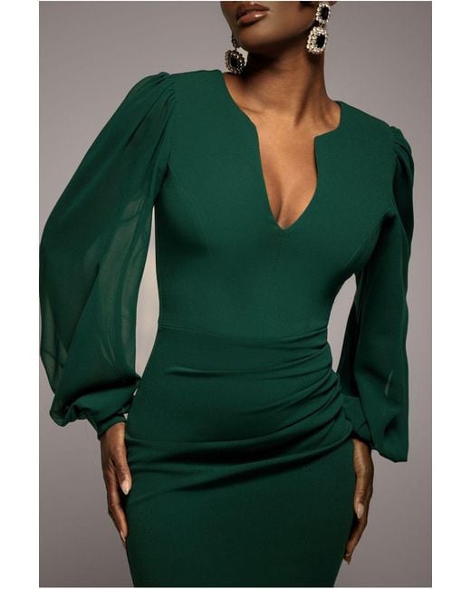 Goddiva Green Chiffon Cuffed Balloon Sleeve Scuba Maxi Dress